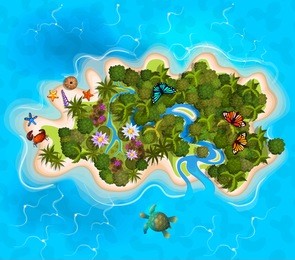 cartoon tropical exotic island in ocean. top view island sprite. vector game design for app