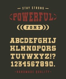 85 powerful font crafted retro vintage typeface design. original handmade textured lettering type alphabet on navy background. authentic handwritten font, vector letters.