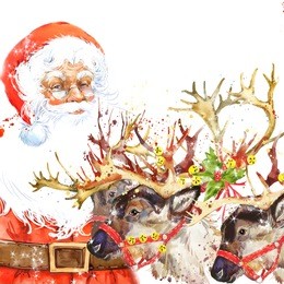 watercolor santa claus and reindeer illustration. winter holiday background.