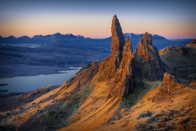 first light at sunrise over old man of storr, isle of skye, scotland, uk