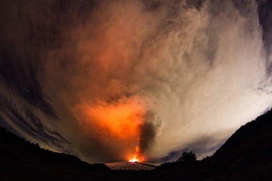 volcano eruption. mount etna erupting from the crater voragine