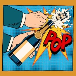 opening champagne bottle  pop art retro style. wedding, anniversary, birthday or new year. alcoholic beverages wine and restaurants. drink. explosion foam tube moment of triumph. your brand here
