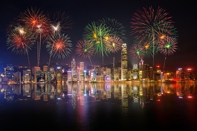 night view and fireworks at victoria harbour, hong kong