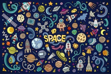 colorful vector hand drawn doodles cartoon set of space objects and symbols