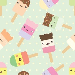 seamless pattern of cute kawaii style ice cream bars . decorative bright colorful design elements in doodle japanese style isolated on retro polka dot background. raster version.