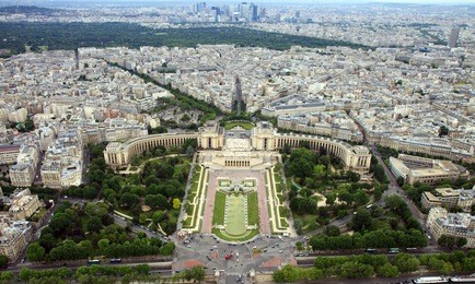 color dslr wide angle image of famous landmark trocadero and the palais de chaillot shot from above at the eiffel tower, paris, france. horizontal with city skyline and copy space for text.