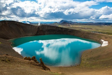 volcano crater viti with turquoise lake inside, krafla volcanic area, iceland