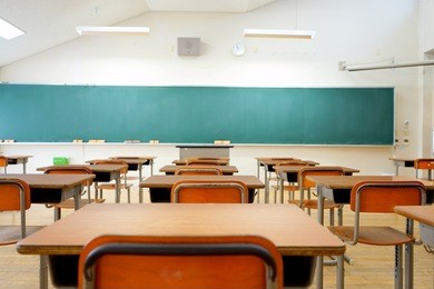 school classroom with school desks and blackboard in japanese high school