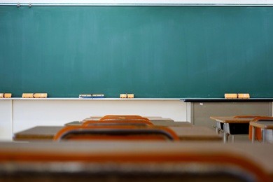 school classroom with school desks and blackboard in japanese high school