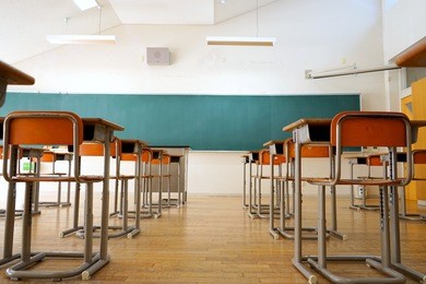 school classroom with school desks and blackboard in japanese high school