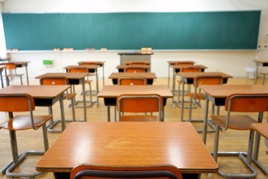 school classroom with school desks and blackboard in japanese high school