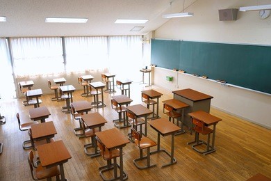 school classroom with school desks and blackboard in japanese high school