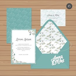 template wedding invitation and envelope with floral ornament. greeting card and envelope mock up. vector illustration.