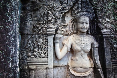 khmer architecture in banteay srei temple that was built in 968, siem reap, cambodia.