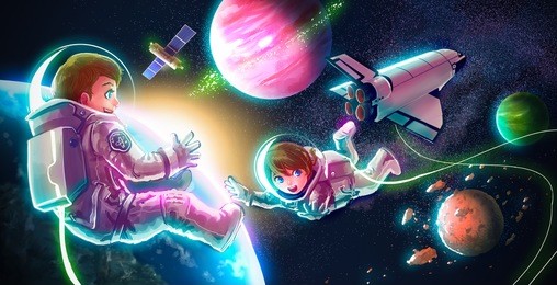 cartoon astronaut couple boy and girl are flying in space for universe exploration and adventure with space shuttle satellite earth planet and stars in the background for children education concept