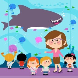 students and their teacher visiting the aquarium. 