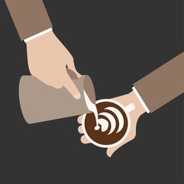 barista hold cup and making latte or cappuccino art coffee with milk