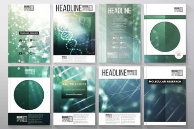 set of business templates for brochure, flyer or booklet. dna molecule structure on dark green background. science vector background.