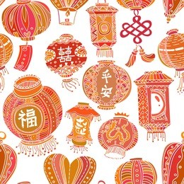 seamless graphic pattern with stylized lanterns. orange on the white background. chinese characters: double happiness, peace, happiness. eps10 vector.