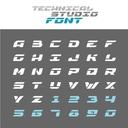 tech letters stencil font. wide bold italic techno alphabet.