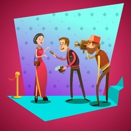 journalist interviews star on celevrity event retro cartoon vector illustration