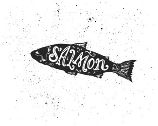 sea fish silhouette with salmon hand lettering inscription. ink spots on white background.