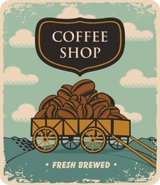 retro banner with a cart loaded with coffee beans