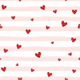 red glittering heart confetti seamless pattern on striped background