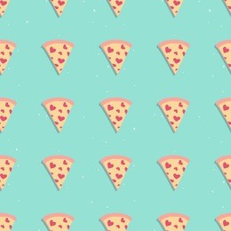 pizza slice cute seamless pattern with hearts on blue background, perfect for packaging, restaurant and cafe menu, valentine card and much more