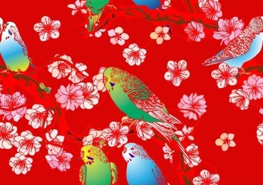 vector seamless background with bird and cherry blossoms