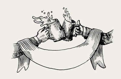 vintage vector hand drawing of cheers with beer and ribbon for label of pub menu