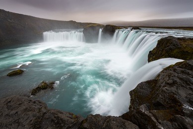 godafoss waterfall iceland in autumn season during sunset