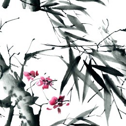 sakura tree and bamboo leaves. watercolor and ink illustration in style sumi-e, u-sin. oriental traditional painting. seamless pattern.
