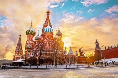 saint basil's cathedral in red square in winter at sunrise, moscow, russia.