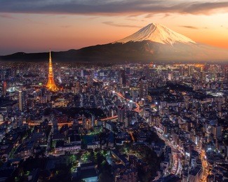 retouch photo of tokyo city at twilight with mt fuji on the background