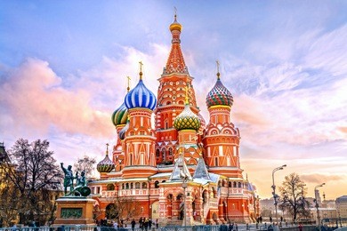 saint basil's cathedral in red square in winter at sunset, moscow, russia.