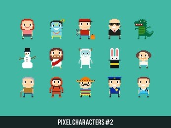set of different pixel characters. medic, police man, astronaut, bodyguard, mexican guy, yeti, dinosaur monster and other