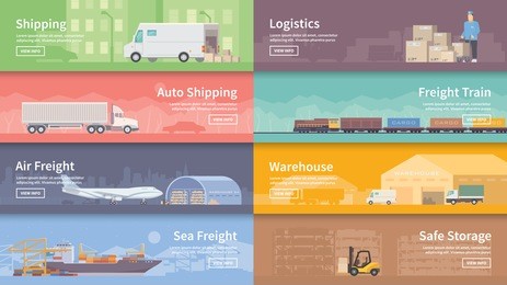 set of flat vector web banners on the theme of logistics, warehouse, freight, cargo transportation. storage of goods, insurance. modern flat design.