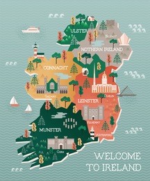 travel map of ireland with landmarks and cities