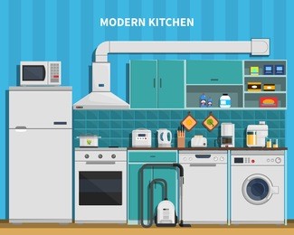 modern kitchen background with home appliances flat vector illustration 