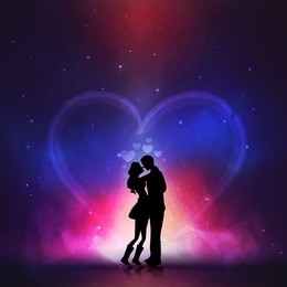 silhouette of young couple in love on creative colorful night background for happy valentine's day celebration.