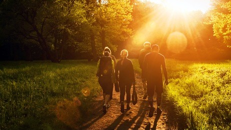 group of friends walking with backpacks in sunset from back. adventure, travel, tourism, hike and people friendship concept. sports activity