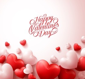happy valentines day background with 3d realistic red hearts and typography text in white background. vector illustration
