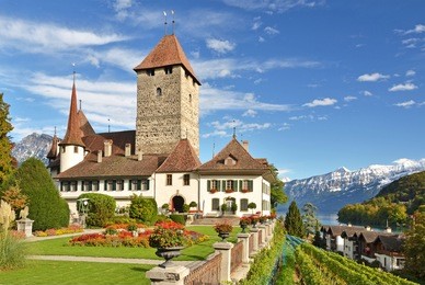 spiez castle on lake thun (jungfrau region, canton bern, switzerland)