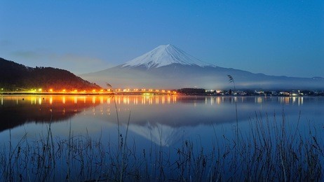 mt fuji in the early morning with reflection on the lake kawaguchiko