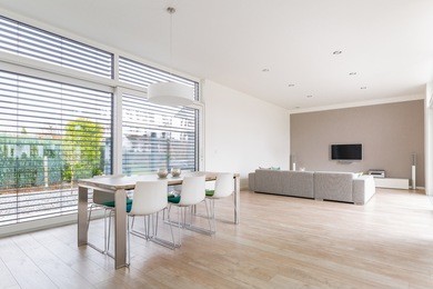 interior of a modern bright dining-room with large windows