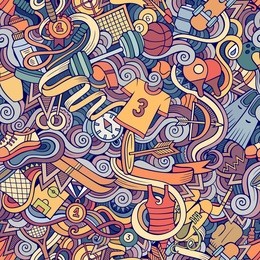 cartoon hand-drawn doodles on the subject of sports style theme seamless pattern. vector colorful background