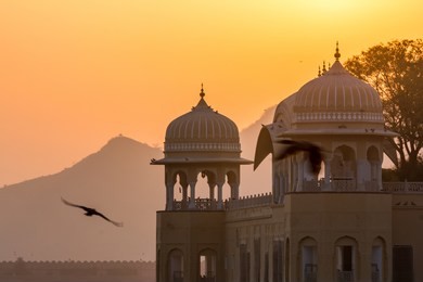 jal mahal palace at man sagar lake, jaipur, india during sunrise