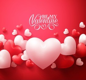 realistic 3d colorful red and white romantic valentine hearts background floating with happy valentines day greetings. vector illustration
