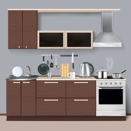 modern kitchen interior in realistic style with cabinets shelves utensils oven and cooker hood realistic vector illustration   